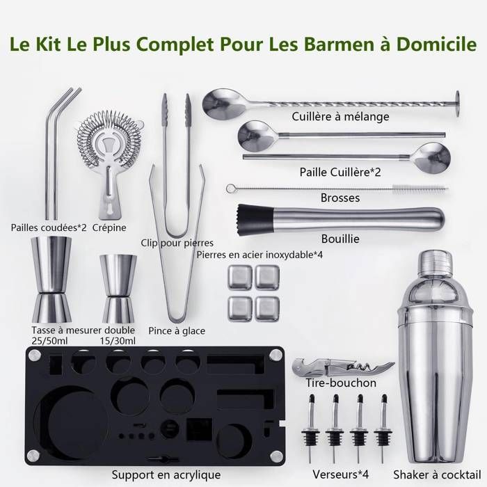 Shaker Cocktail Set en Acier Inoxydable de 23 Pièces Support en Acrylique-Cocktail Kit Complet-Professionnel kit pour Barman