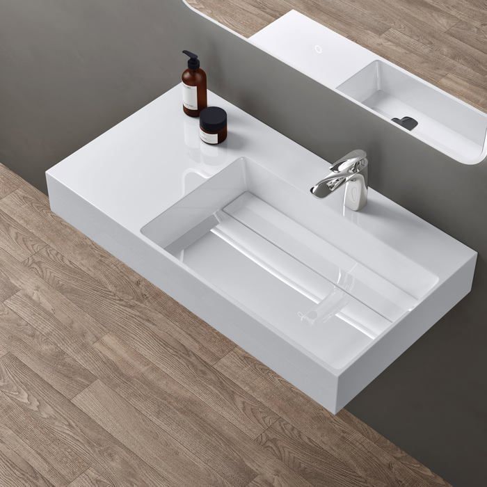 Lavabo mural doporro, blanco, 90 cm, lavabo de encimera con desagüe, lavabo rectangular, 90 x 48 x 13 cm, Colossum12-R