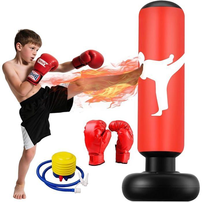 Sacco da boxe per bambini da 160 cm, sacco da boxe con guantoni e pompa gonfiabile, palla da pugilato per bambini, Taekwondo, Karate, età 3-12 anni, rosso