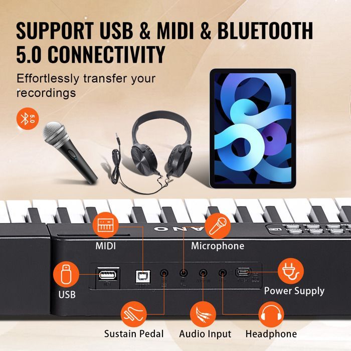 Teclado de piano digital VEVOR - 88 teclas - 1000 tonos - Pedal de sustain, auriculares, micrófono, MIDI USB, para principiantes