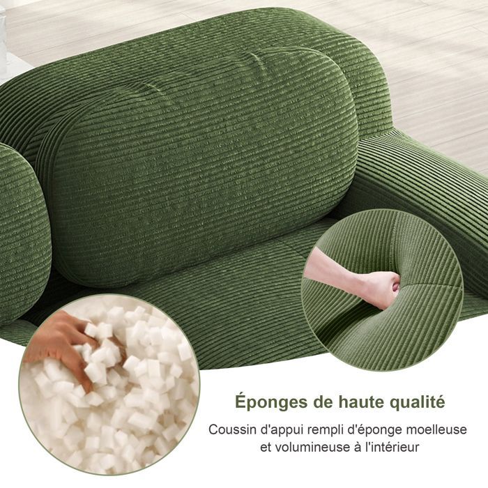 DRIPEX Canapé modulable en velours côtelé - 2 places - avec 2 oreillers et 2 poufs - dessous antidérapant - 208x178x70cm - Vert