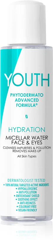 Água Micelar Hidratante YOUTH para Rosto e Olhos - Água micelar de limpeza para o rosto e área dos olhos.