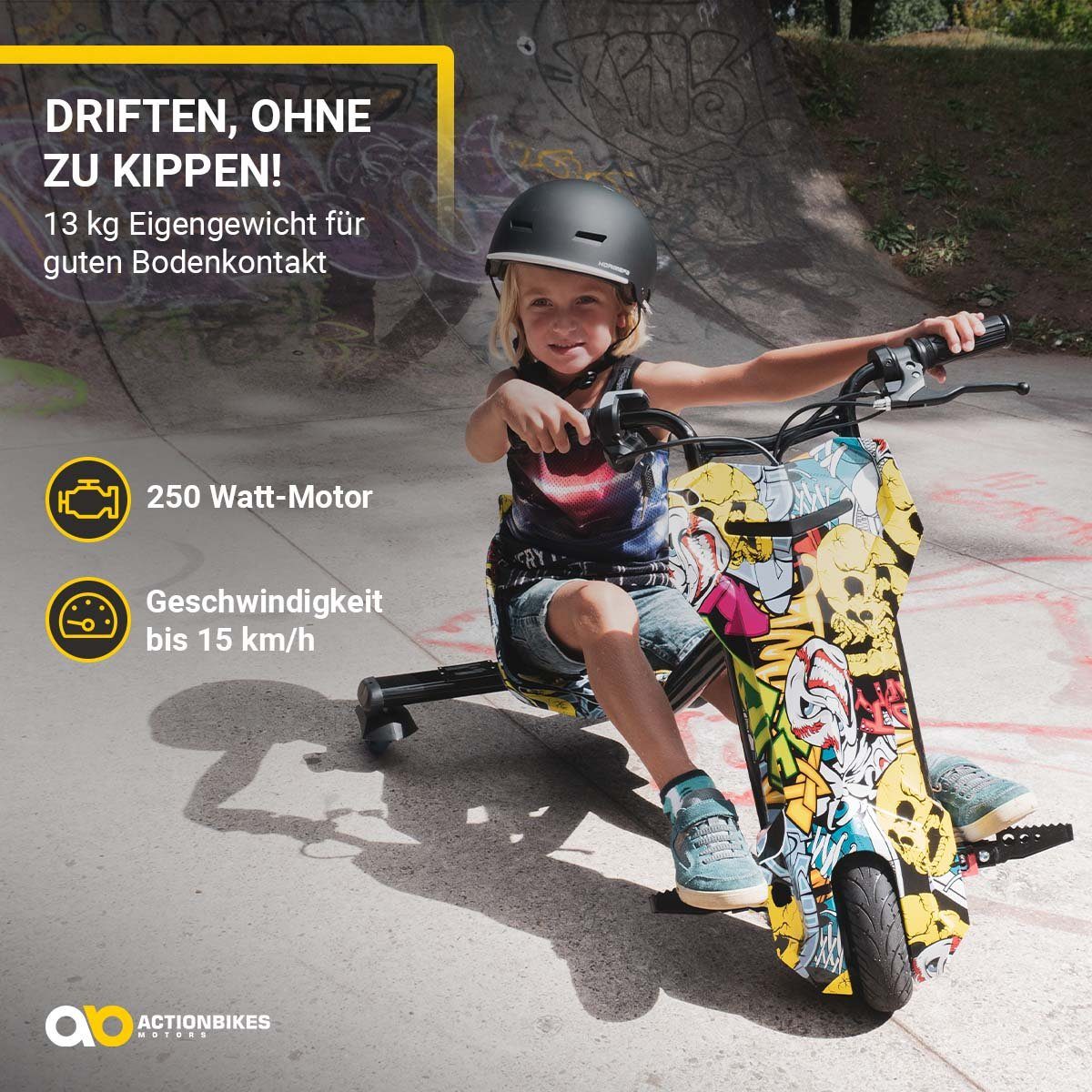 Actionbikes Motors Dreirad-Scooter Drifter 360, 15,00 km/h, 250 Watt – LED-360°-Räder – Federung – 3 Stufen – Drift-Trike