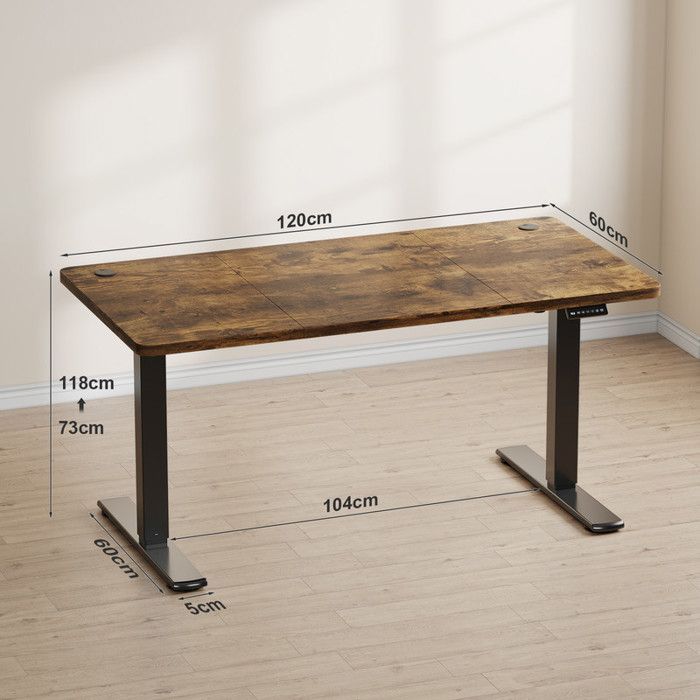 Escritorio eléctrico regulable en altura de 120x60cm, color tostado - Altura ajustable (73-118cm) - Motor silencioso con memoria y puertos USB