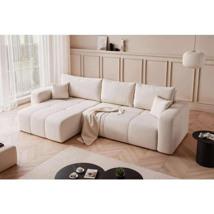 Canapé d angle Idohome PEDRO 278x145 cm Tissu Manila Crème convertible avec coffre