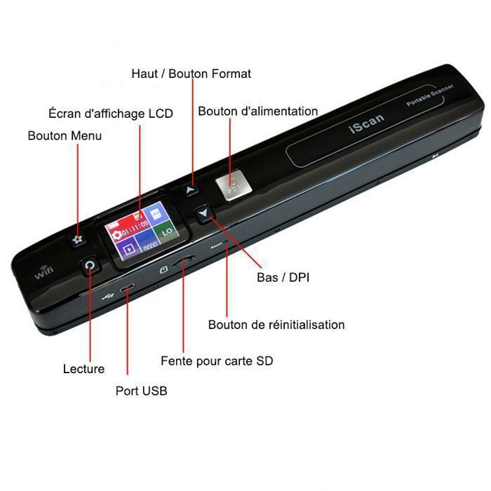 Scanner Portable A4 HD - Wi-Fi, 300/600 /1050DPI, Zéro Marge pour Livres, Double Rouleau Stabilisateur,1.8” écran couleur LCD -
