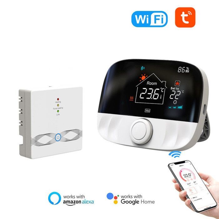 Smart WiFi & RF433 Connected Thermostat with Dual Sensors for Floor/Ambient Temperature, Compatible with Alexa/Google Home, Security