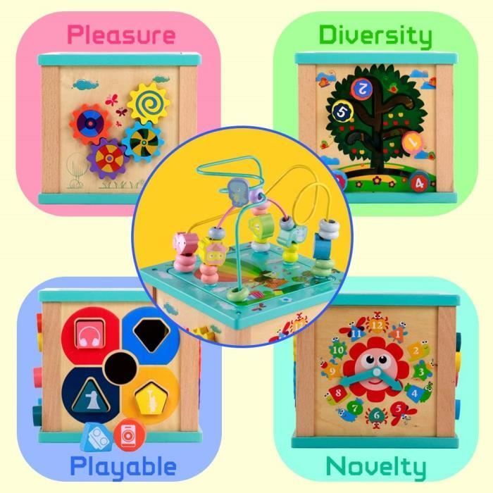 Giocattolo in legno - ZGEER - Cubo attività 5 in 1 - Multifunzionale - Labirinto di perline - Regalo per bambini dai 3 ai 5 anni