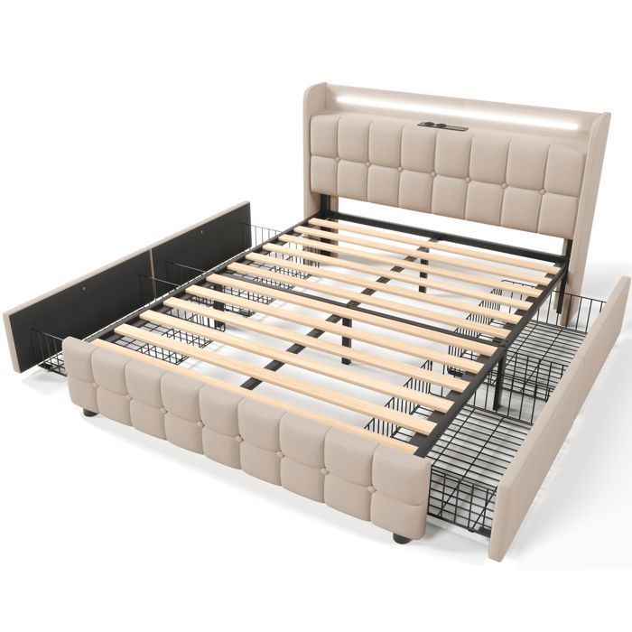 Cama doble tapizada de 180x200cm, cama adulta con iluminación LED, cajones y cargador USB, cama con espacio de almacenamiento, con somier de láminas, color beige.