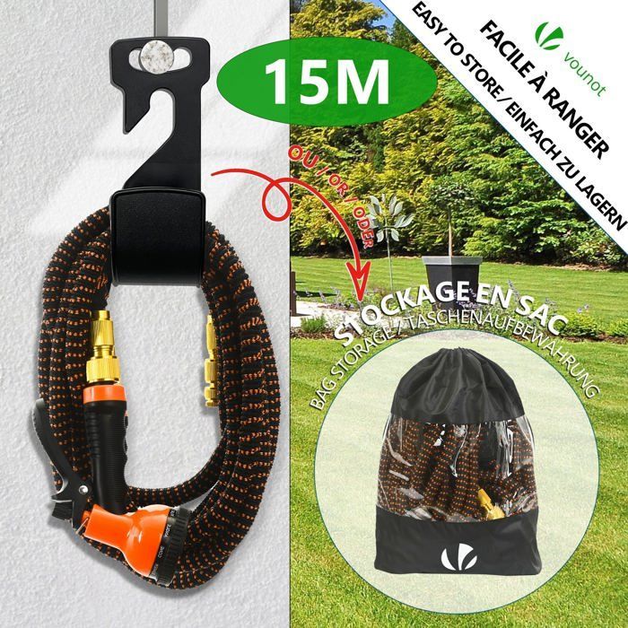 VOUNOT® Reinforced Expandable Garden Hose 15m Orange - 10 Modes - Connector and Storage Bag Included - Flexible, Leak-Proof