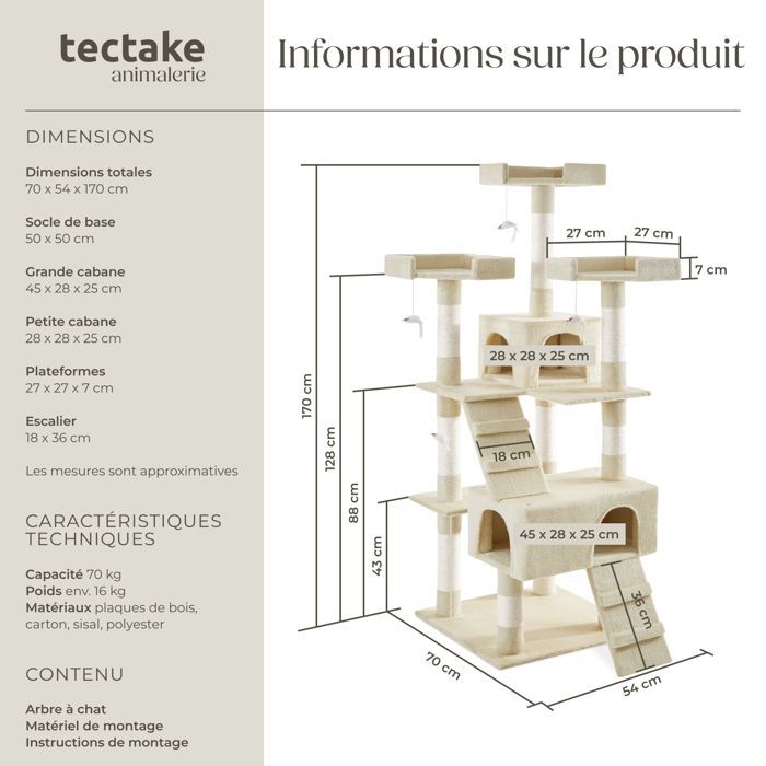 Árbol rascador para gatos - TECTAKE - BARNEY, mueble para gatos de 170 cm de altura con poste rascador, escondites y juguetes - Beige