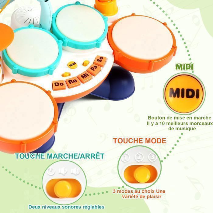 Instrumento musical para bebés, batería de juguete para bebés, tambor de juguete para niños - 3 modos - Apto para niños y niñas de 1 año en adelante