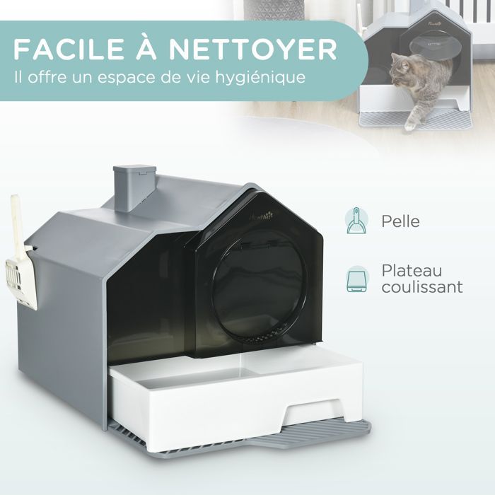Maison de toilette pour chat - PawHut - bac à litière design maisonnette porte battante pelle tapis - plastique - 47x45x42cm - gris
