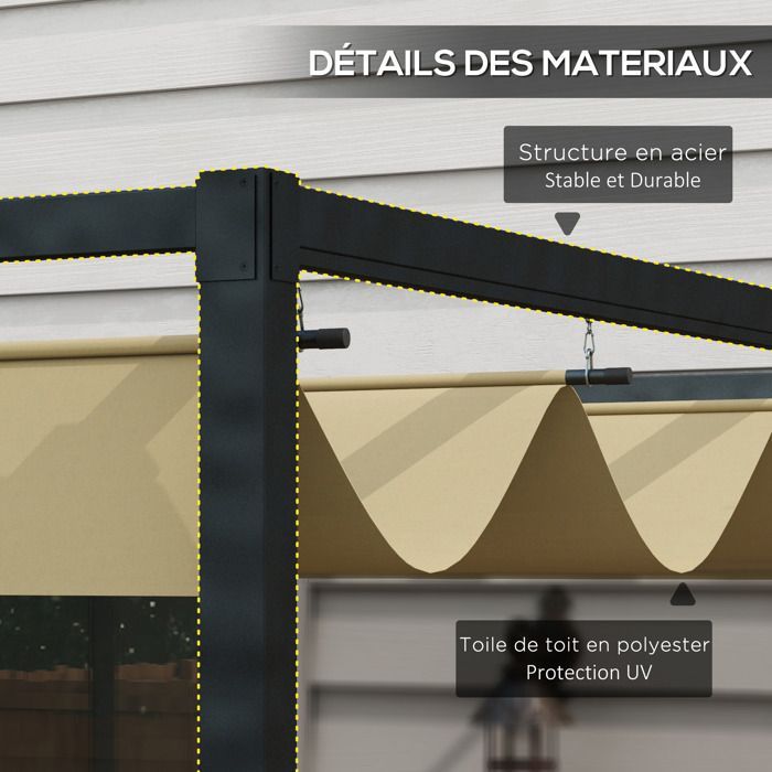 Sliding pergola - Outsunny - 3 x 2 m - anti-corrosion epoxy-coated metal frame - high-density 180 g/m² polyester fabric - khaki