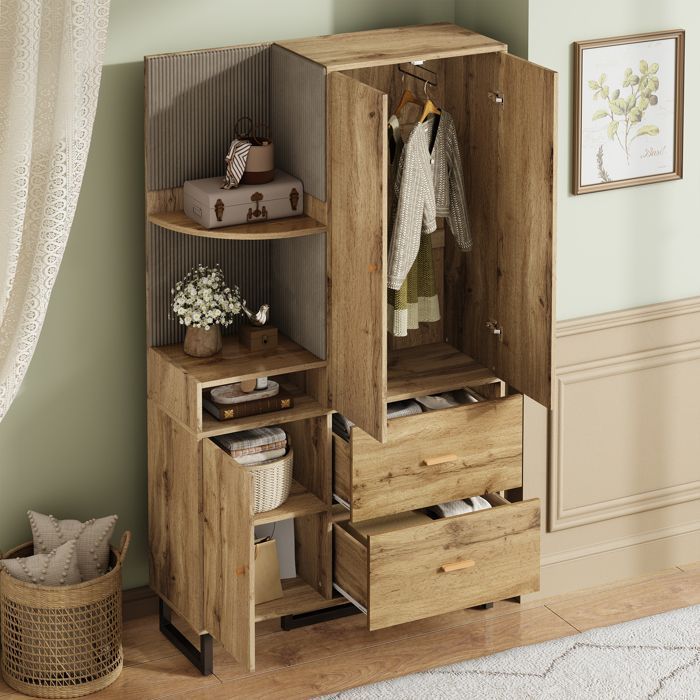 Set armadio da ingresso 110x38x186 cm - 3 ante e 2 cassetti - Armadio con asta appendiabiti - Panca porta scarpe - Naturale