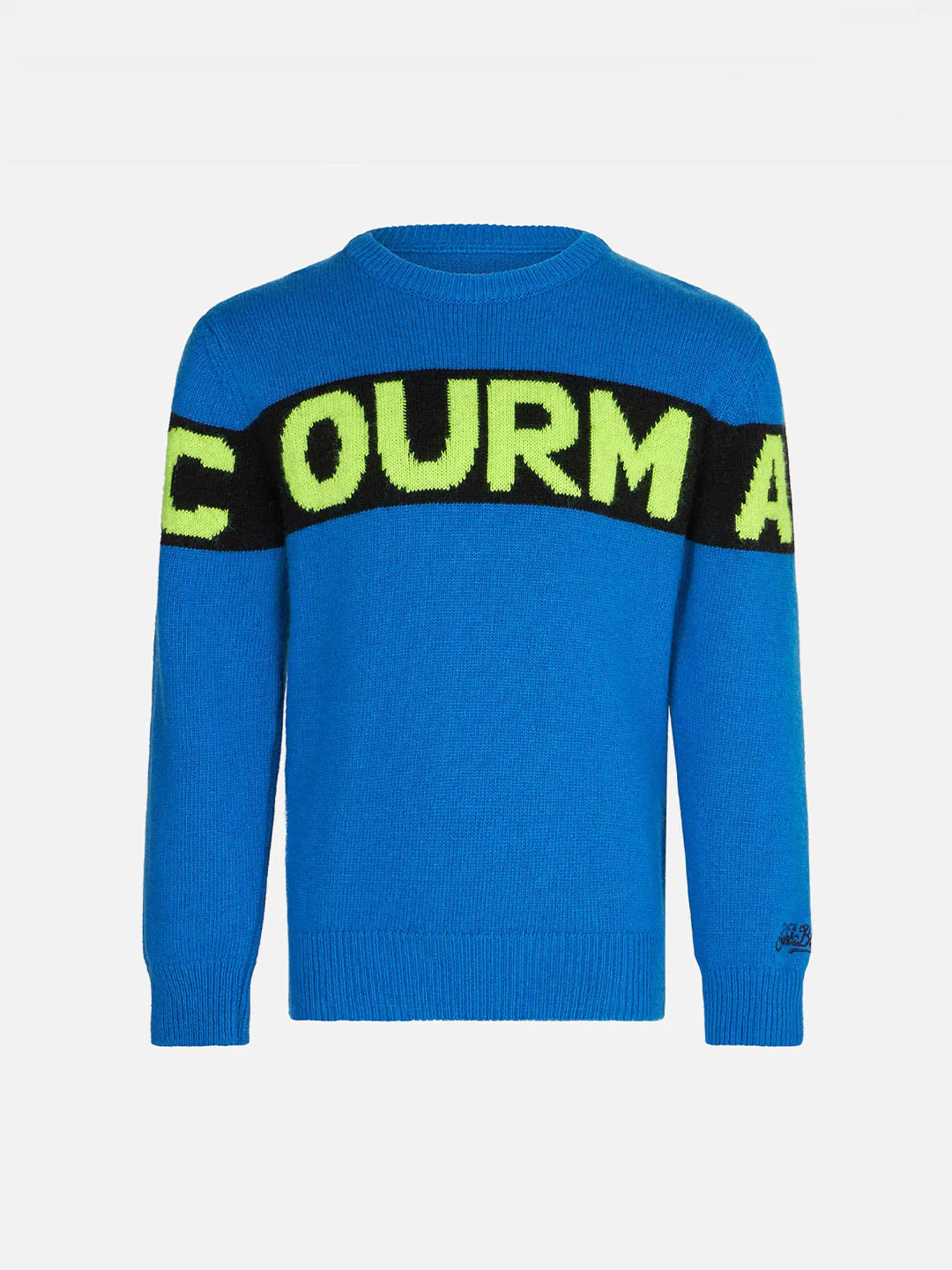 blauer Kinderpullover mit Courma-Schriftzug