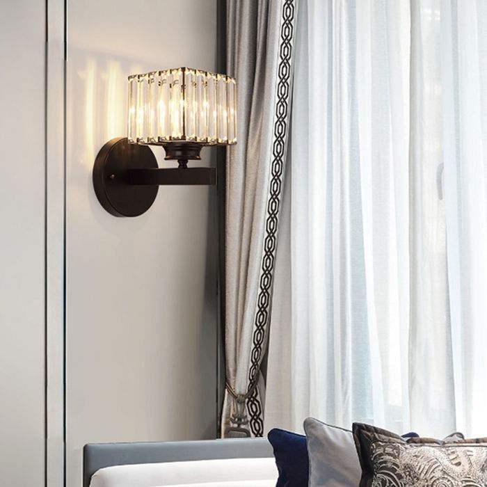 SNOGOLD Retro Kristallen Wandlamp, Moderne Vierkante Zwarte Kristallen Wandlamp, E27 Fitting voor Nachtkastje, Slaapkamer, Hal