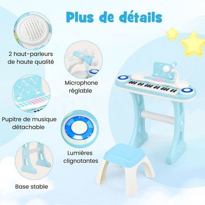 Pianoforte elettronico DREAMADE a 37 tasti per bambini, tastiera con gambe del tavolo rimovibili, sgabello, blu