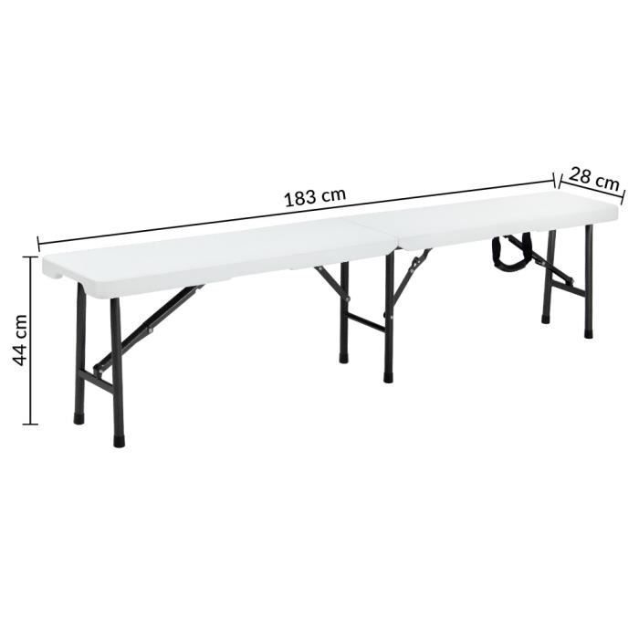 CASARIA® 2 bancos plegables de plástico de 180 cm, banco plegable para camping, banco de jardín blanco para picnic y fiestas.