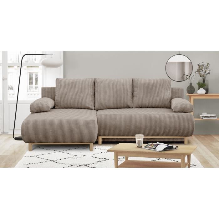 Divano letto angolare sinistro - 3 posti - MIKA - Tessuto in velluto a coste color tortora - Vano contenitore - 192 x 84 x 93 cm