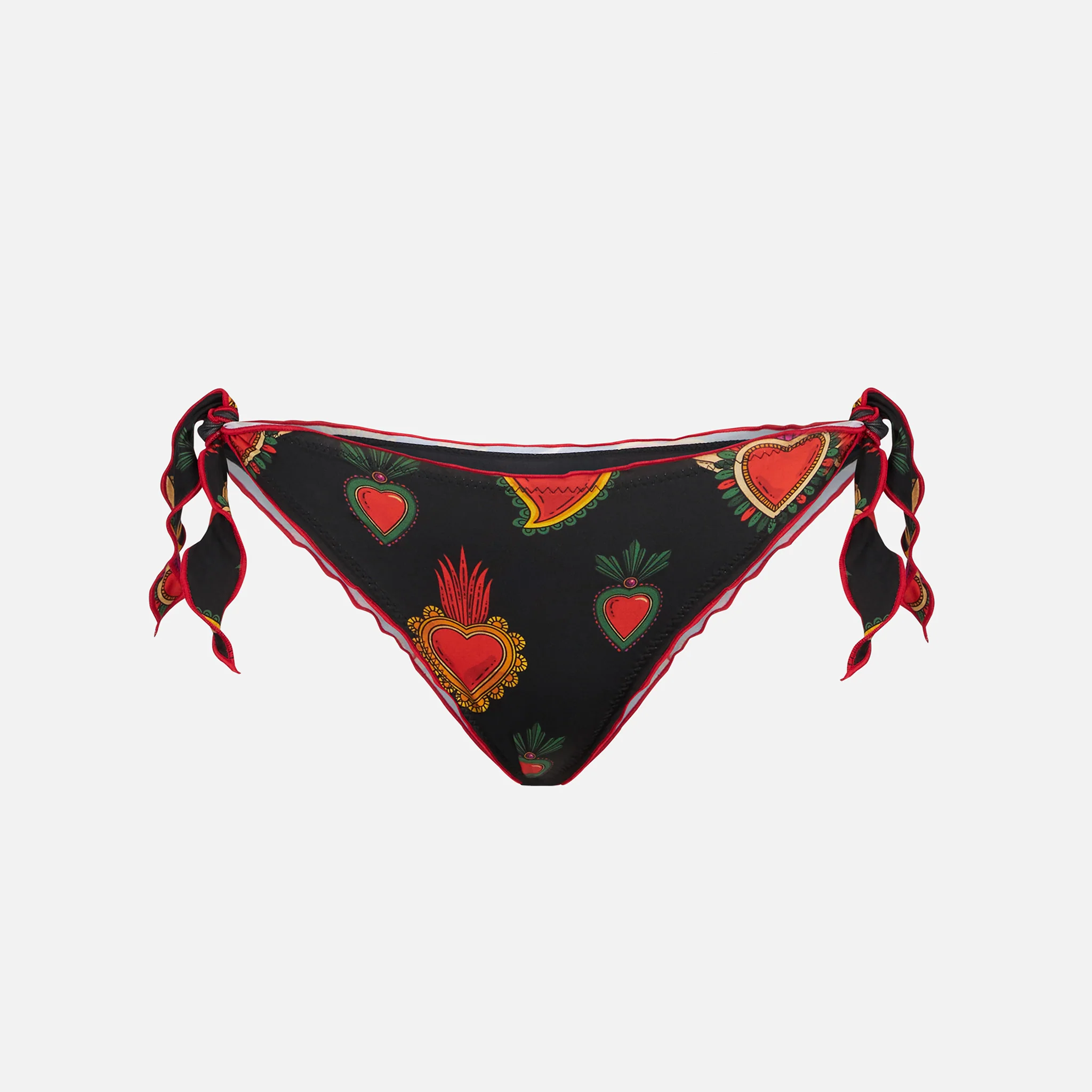 Traje de baño de mujer de corte alto con volantes y estampado de corazones.