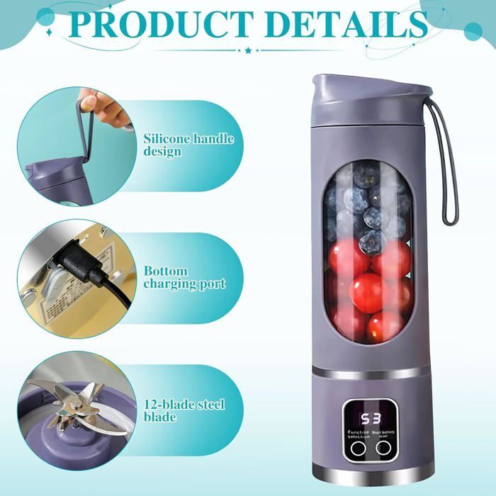 Presse-agrumes électrique portable - 12 lames avec affichage numérique, 3 modes, nettoyage facile, violet