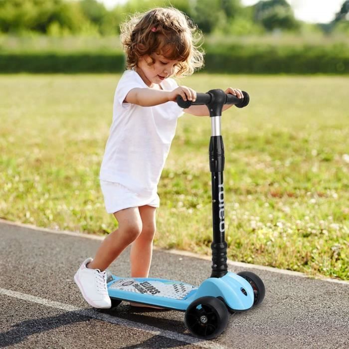 Monopattino pieghevole a 3 ruote Yoleo con luci, ideale come regalo per bambini e bambine dai 3 ai 12 anni, altezza regolabile, colore blu.