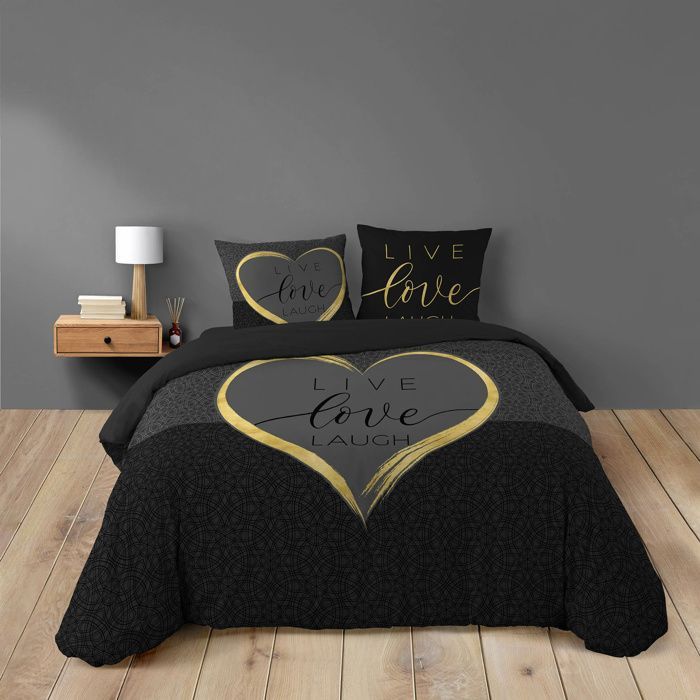 Housse de couette 260 x 240 cm + 2 taies – Coton 42 fils – Imprimé placé Crazy Love