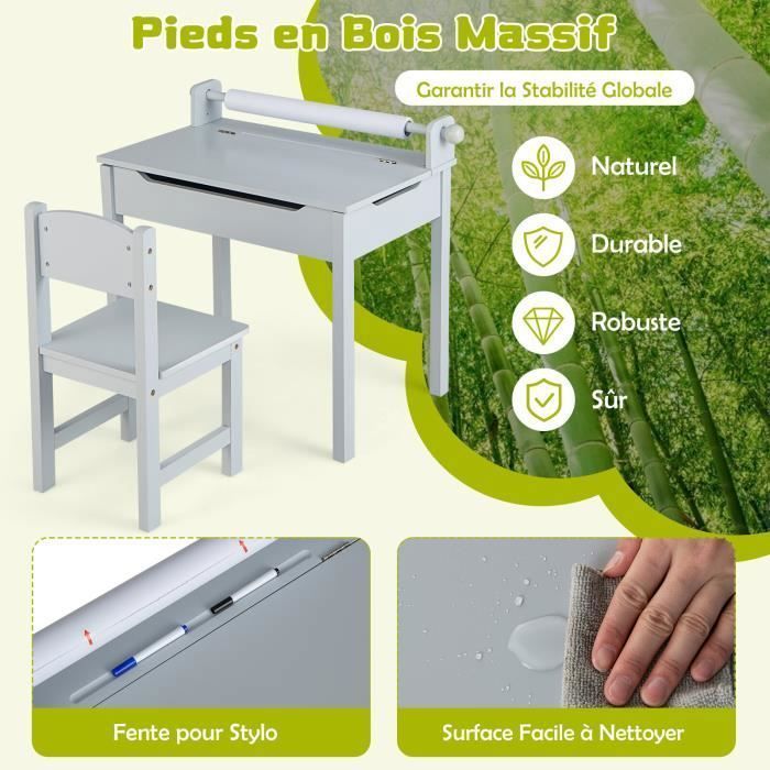 COSTWAY Bureau pour Enfants avec Chaise, Rouleau de Papier, Plateau Rabattable (Rangement Caché)en Bois pour 3+ Ans, Gris