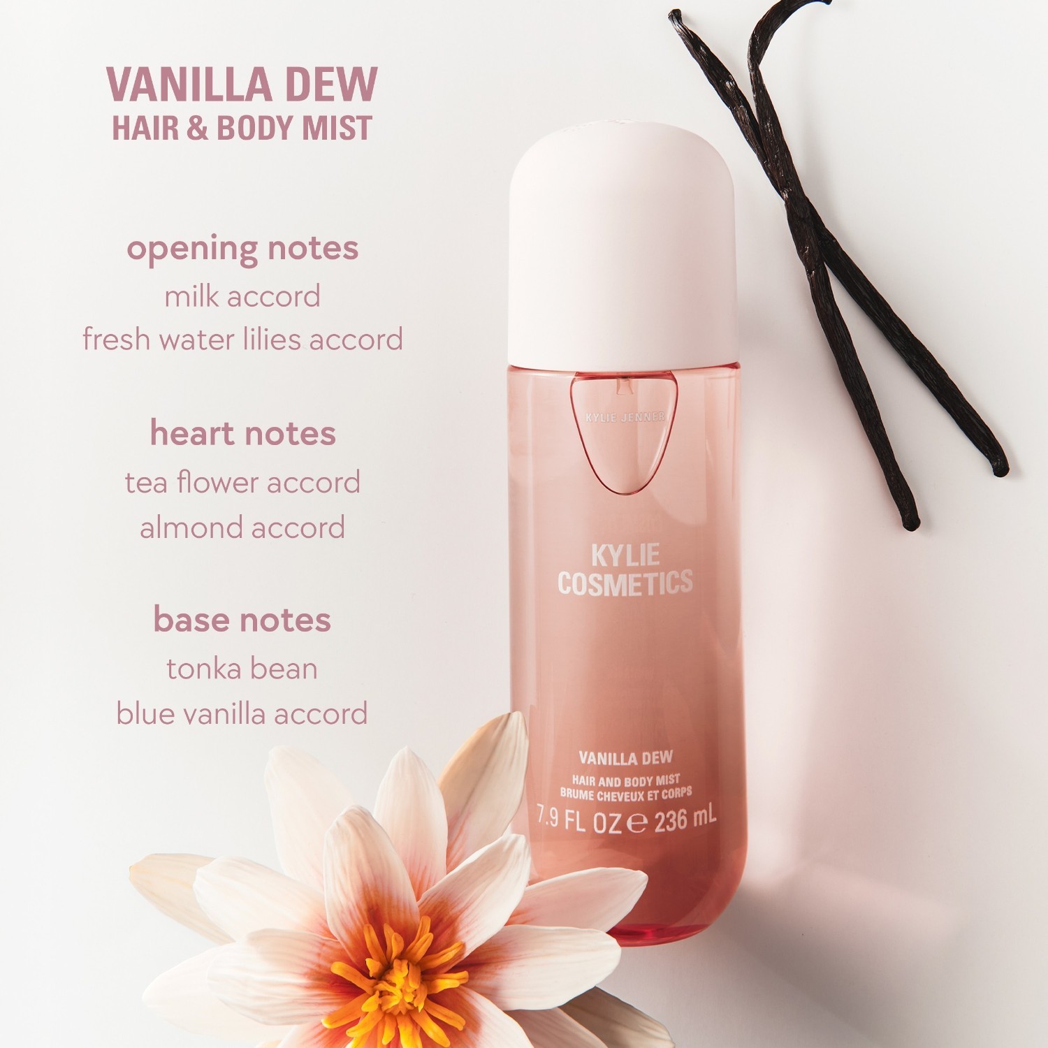 KYLIE COSMETICS Vanilla Dew kūno purškiklis plaukams ir kūnui – 236 ml