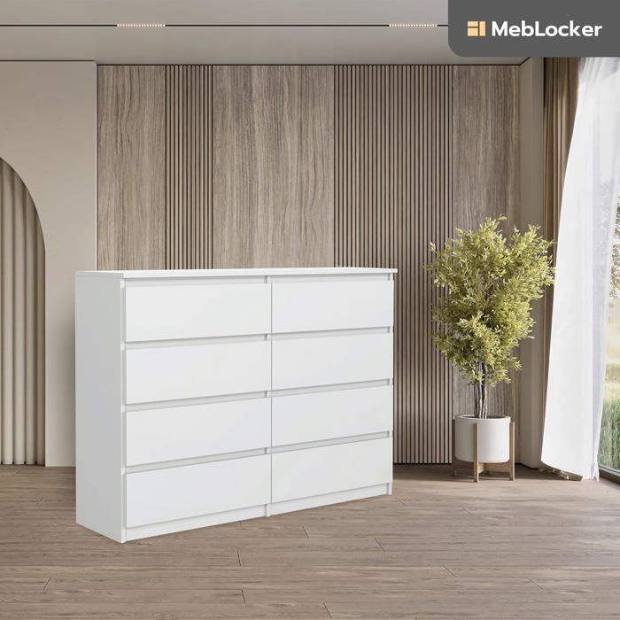 Commode 8 tiroirs - Meblocker - 140 cm - Meuble de Rangement Spacieux - Salon, Bureau, chambre à couche & enfant - Blanc