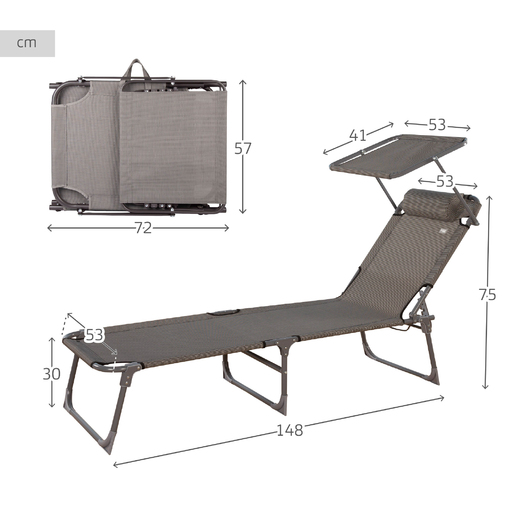 Transat de plage pliable Aktive avec parasol et coussin rembourré, gris