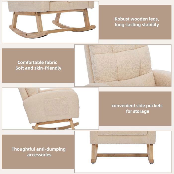 Mecedora - LEMONBEST - Reposapiés extensible 132×50×99 cm - Terciopelo Teddy - Madera maciza - Beige