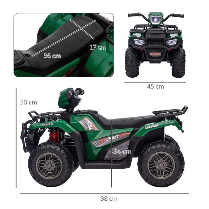 Quad eléctrico infantil - HOMCOM - 12V - doble motor, velocidad 2-4 km/h, faros y música - PP y acero - 88x45x50cm - verde