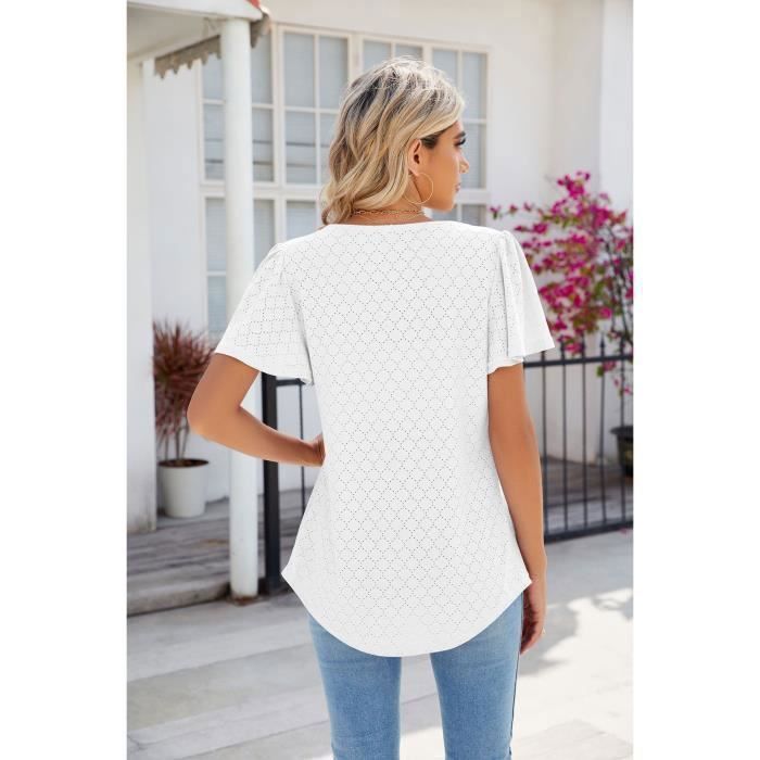 T-shirt estiva da donna a maniche corte, scollo quadrato, maglietta casual, vestibilità ampia, tinta unita, comoda - Taglia UE - Bianco
