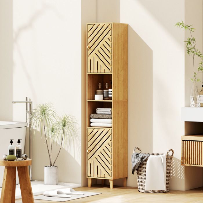 Mueble alto de almacenamiento HOMCOM - Estantes ajustables - Puertas y patas de bambú - 32x30x170cm - Efecto madera natural