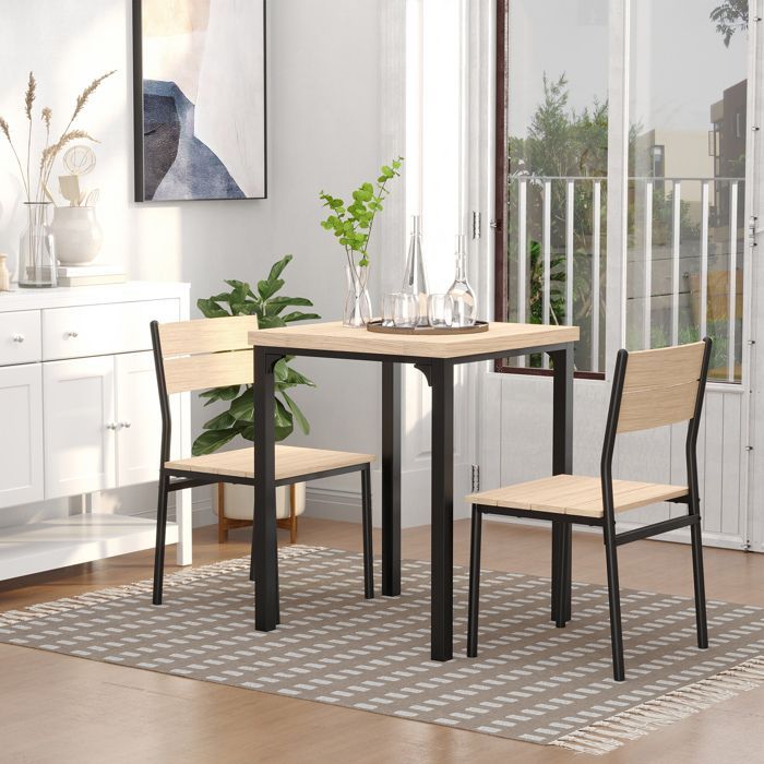 HOMCOM - Conjunto de mesa y sillas de comedor - MDF - 60x60x76cm - Negro, madera de roble claro