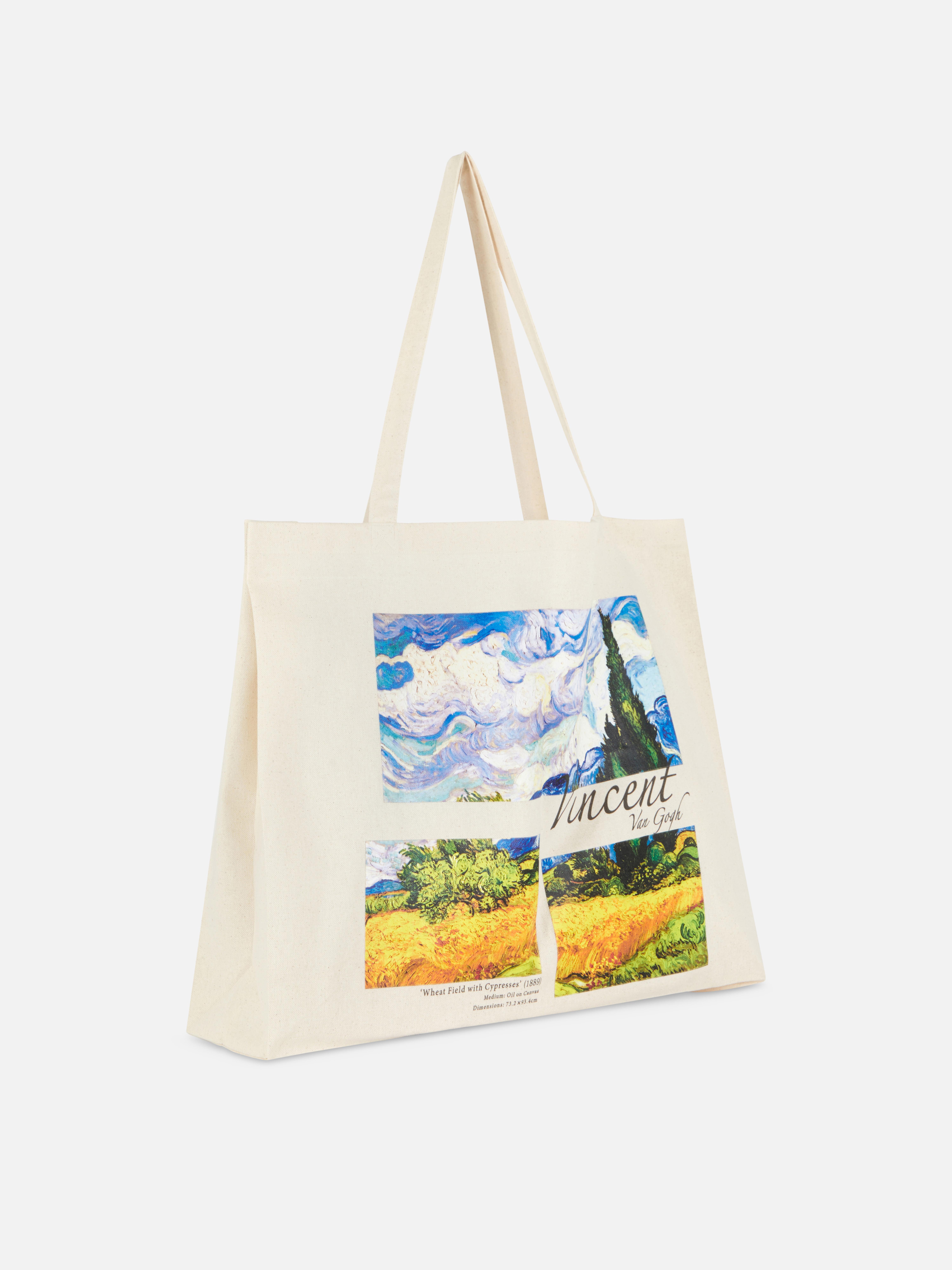 Geantă tote XL Vincent van Gogh O geantă Van Gogh din pânză cu pictura „Câmp de grâu cu chiparoși”