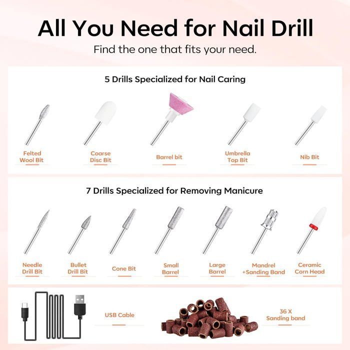 Ponceuse Pour Ongles, 13 En 1 Manucure Electrique Ongles 22000 Rpm, Usb Rechargeable Nail Drill Avec Tip Light, Vitesse Et Directi
