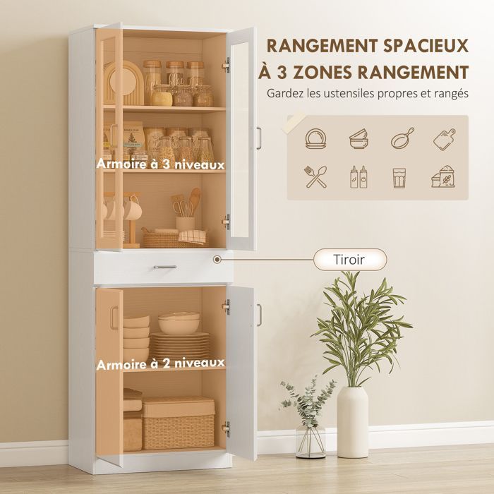 Aparador de cocina HOMCOM - 4 puertas (2 de cristal), cajones, estantes ajustables - aglomerado - 60x35x180cm - blanco