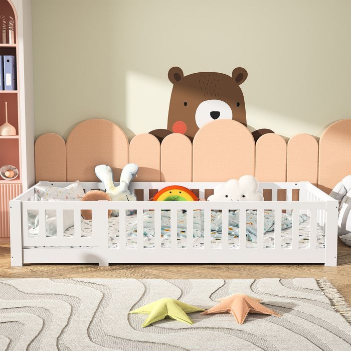 Letto per bambini 90x200 - Letto a pavimento per bambini con sponde di sicurezza - Legno massello di pino - Letto basso Montessori con base a doghe - Bianco