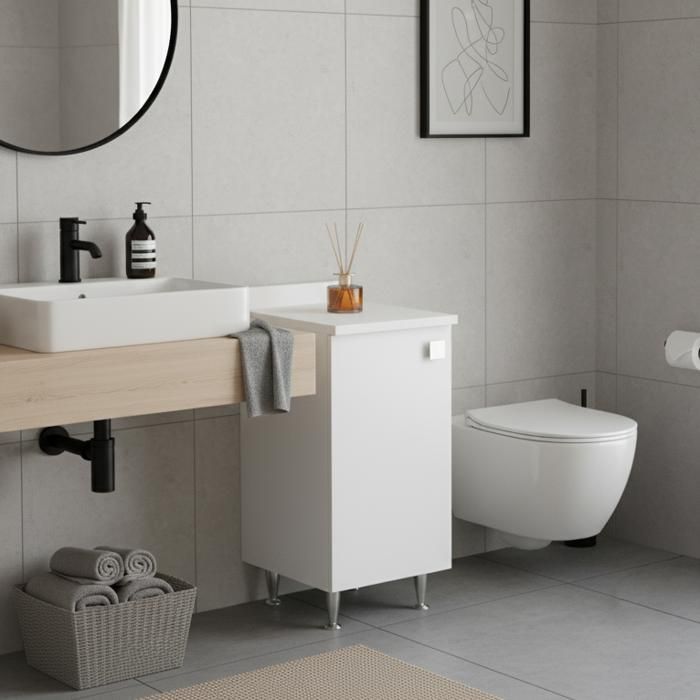 Meuble Bas Blanc 1 Porte | Armoire de Rangement Moderne avec Étagère Réglable | Livré Monté pour Salle de Bain/Entrée/Buanderie