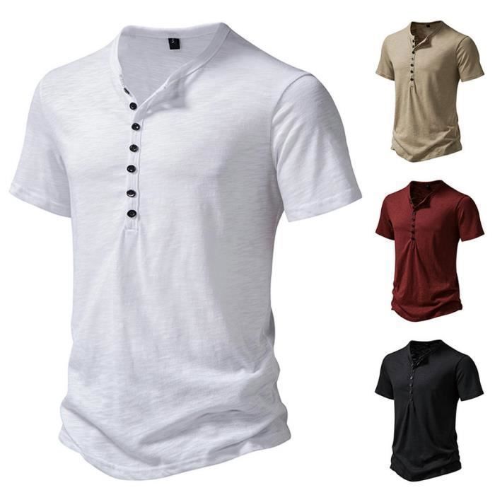 Men's Henley T-Shirt, Short Sleeve, Lightweight, Regular Fit, Summer, Crew Neck with 7 Buttons, Solid Color - EU Size - White