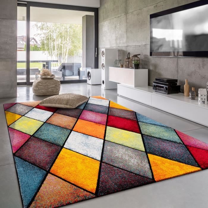 Paco Home Tapis Salon Chambre Adulte Poils Ras Motif Geometrique Losange Gris Vert Jaune 160x230 cm