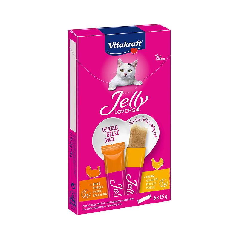 Friandises pour chats Vitakraft 6 x 15 g, saveur poulet/dinde, gelée pour les amateurs