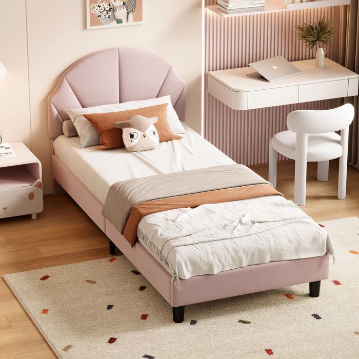Lit fille 90x200cm, lit enfant, lit simple rembourré, tête de lit réglable en hauteur, cadre de lit avec sommier, velours rose
