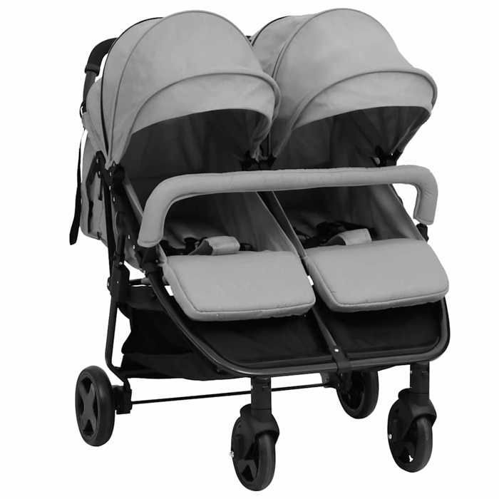Double stroller - vidaXL - Light grey and black - Steel - 5-point harness - Foldable