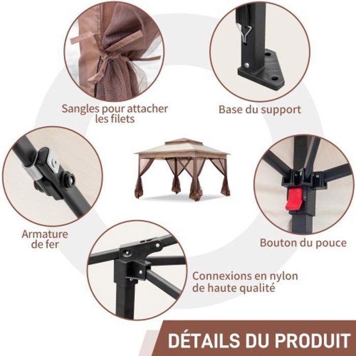 3,3x3,3M Tonnelle pour jardin - Extérieur, réception, fête - Tissu Oxford imperméable - Kaki