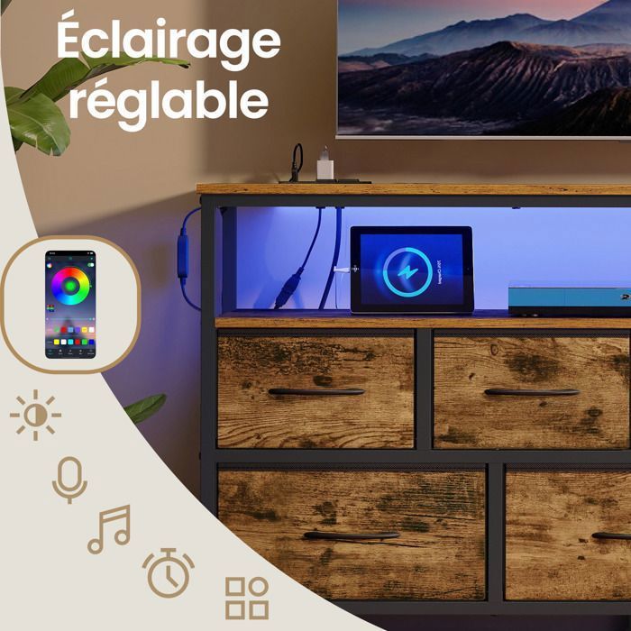Commode avec LED Réglable et Multiprise, 7 Tiroirs en Tissu, Style Industriel, Chambre, Marron et Noir