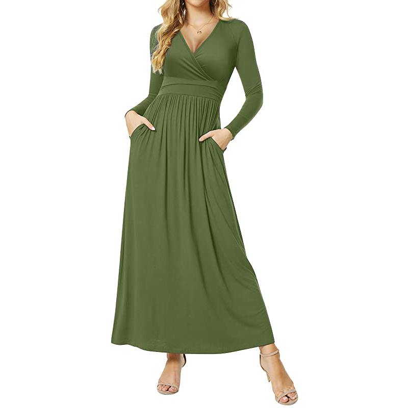 Abito lungo casual da donna a maniche lunghe con scollo a V profondo e vita plissettata, con tasche.